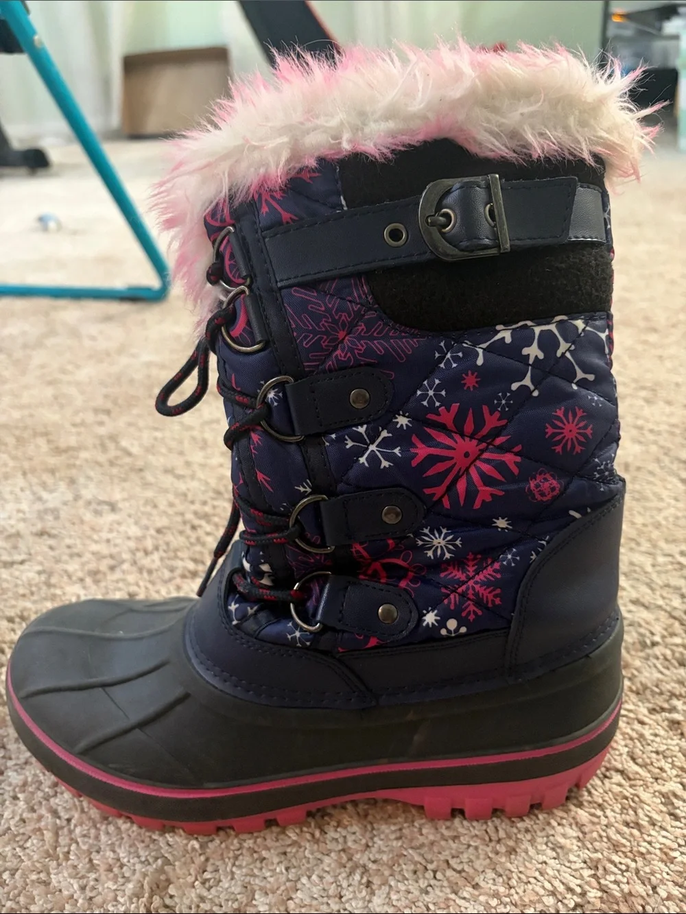 Kids Navy and Pink Winter Snow Boots with Faux Fur